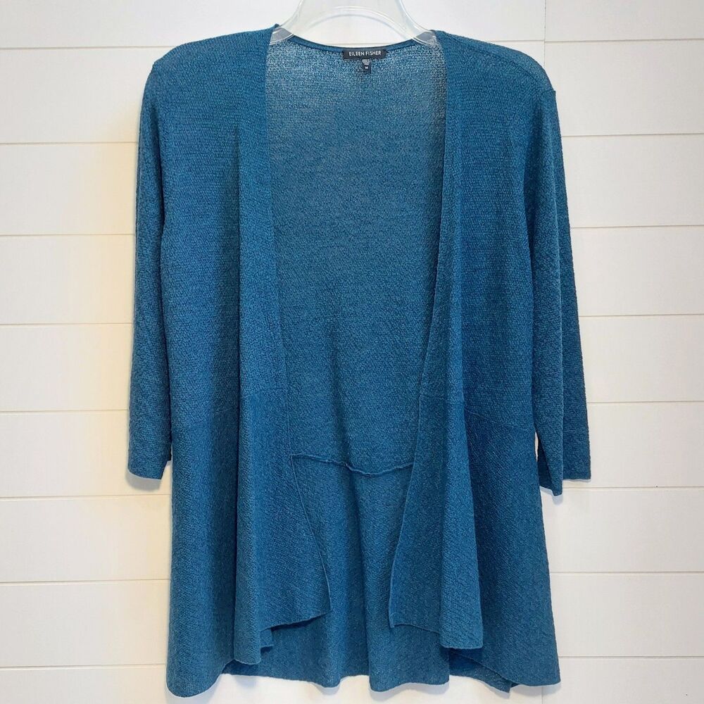 Eileen Fisher 100% Wool Open Cardigan Women's Medium Blue Textured Italian Yarn
